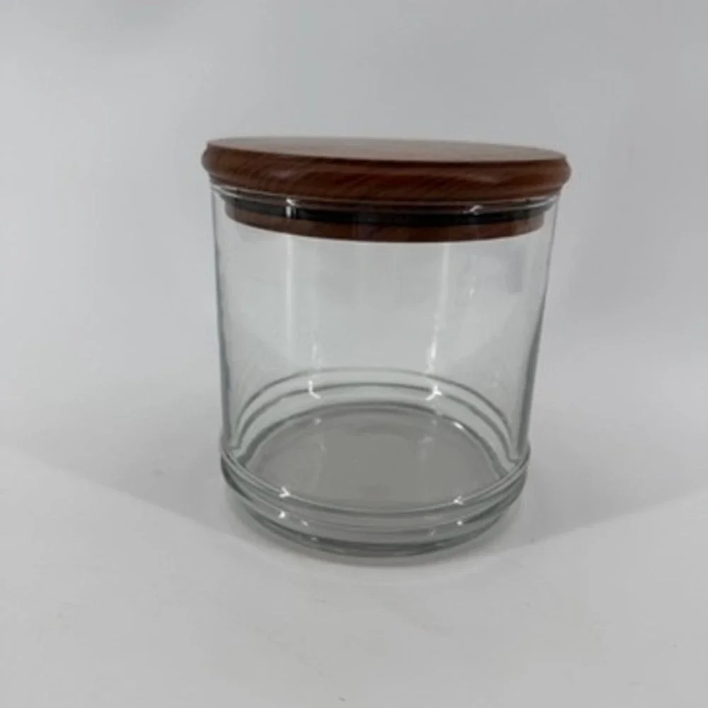 Clear Glass Storage Canister with Wood Lid Airtight Seal Jar 5.25in